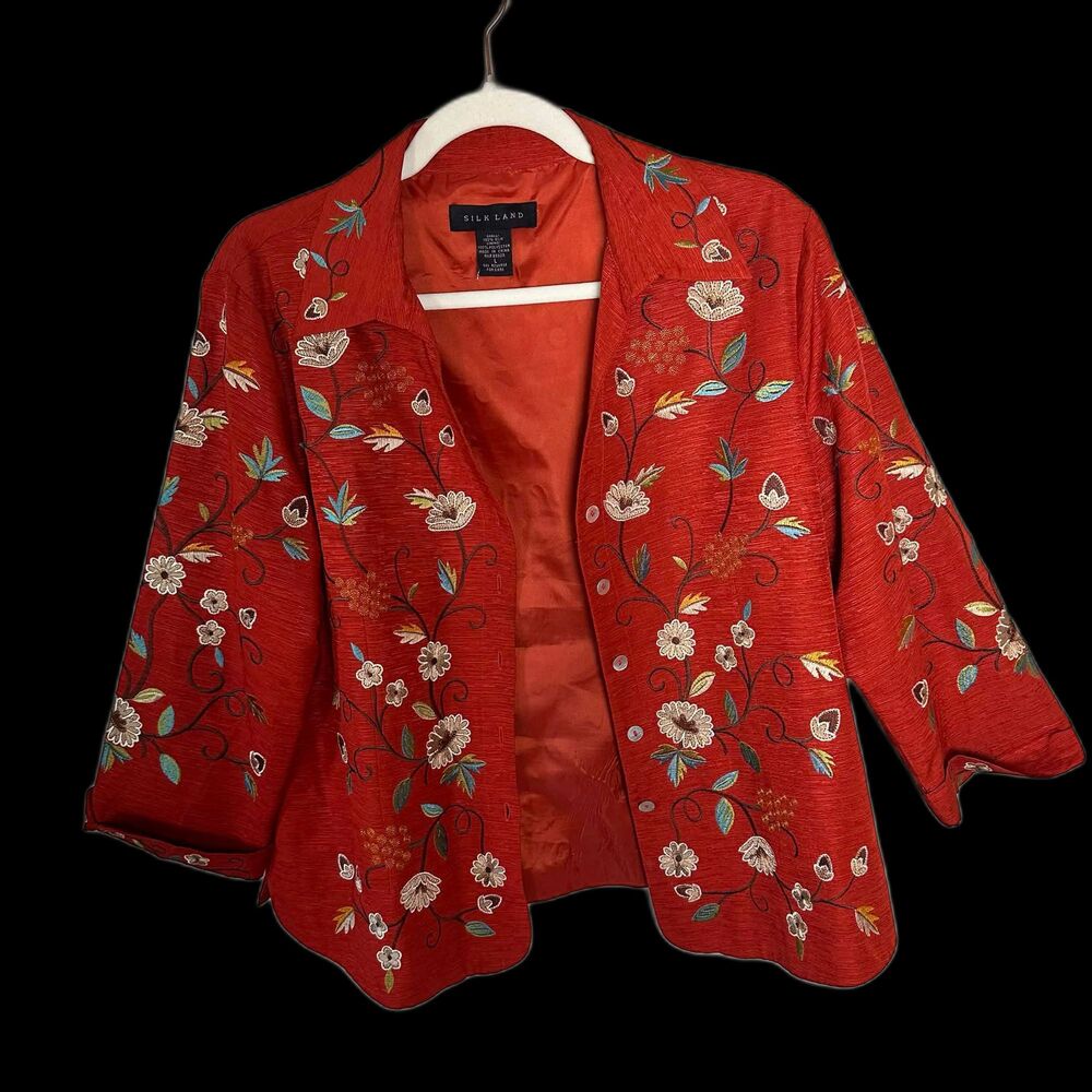 Silkland Vintage 100% Silk Embroidered Floral Jacket Burnt Orange Terracotta L - Picture 4 of 6